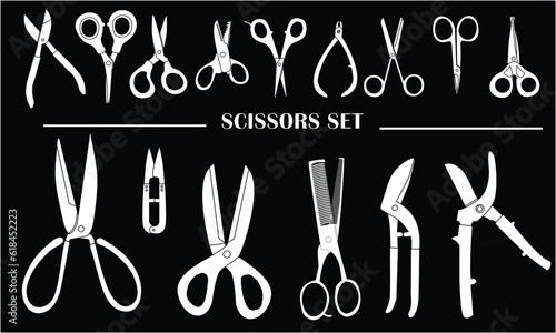 Different scissors types vector illustration in silhouette style. White scissor vector set icon in black background. Open, closed cutting scissors or nippers collection.
