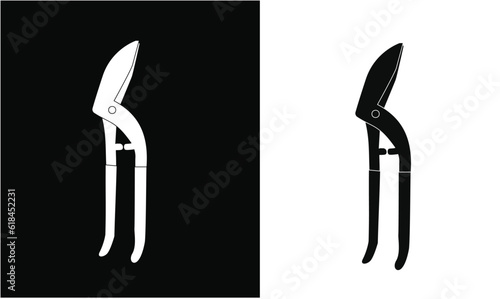 Garden secateur icon vector illustration. Icon of pruning shears, garden hand pruners, pruning scissors, garden scissors. Gardening concept. Hand holding secateurs to cut twigs and branches.