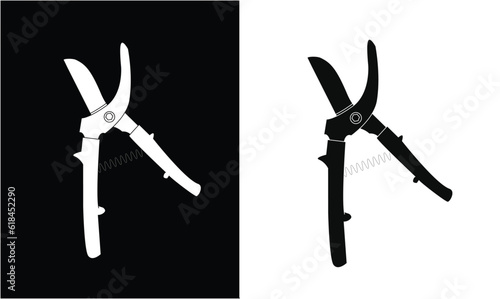 Garden secateur icon vector illustration. Icon of pruning shears, garden hand pruners, pruning scissors, garden scissors. Gardening concept. Hand holding secateurs to cut twigs and branches.