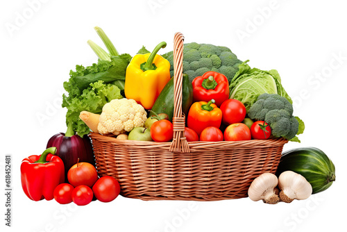Photographie Assorted organic vegetables and fruits in wicker basket isolated PNG