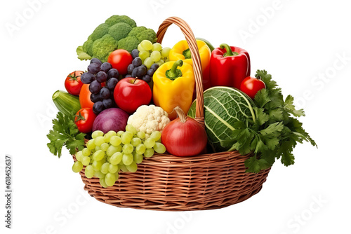 Assorted organic vegetables and fruits in wicker basket isolated PNG