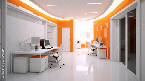 Modern Office, Empty, White ambience with some color accents, futuristic. Ideal for video conference background. Beautiful and relaxing.