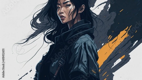 Oil painting of an Asian woman in a jacket against a background with colorful swirls, AI-generated. photo