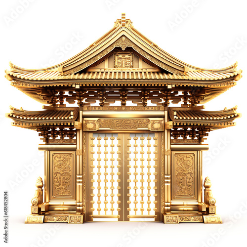 Japanese golden temple gate, white background.