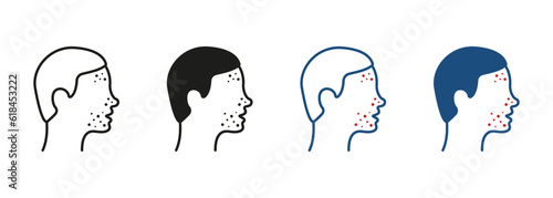 Man with Blackhead, Acne, Rash Pictogram. Dermatologic Problem, Allergy, Inflammation Skin Symbol Collection. Boy with Face Pimples Line and Silhouette Icon Set. Isolated Vector Illustration