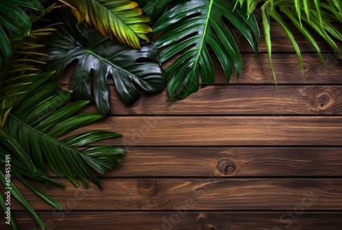 Top view of tropical leaves on wooden table for background. generative ai