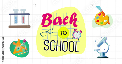 Image of back to school text and school items icons over white background