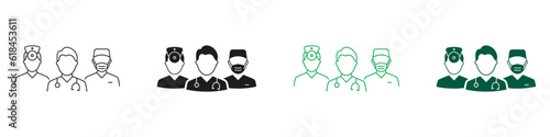 Doctors and Nurse Team Line and Silhouette Icons. Healthcare Professional Hospital Staff Symbol Collection. Medical Specialists Group Black and Color Pictogram Set. Isolated Vector Illustration