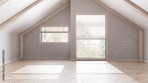 Empty room interior design, open space with parquet floor, bleached wooden sloping ceiling and panoramic windows, white walls, modern japandi architecture concept idea