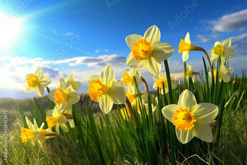 White daffodils on a green meadow with blue sky, spring background