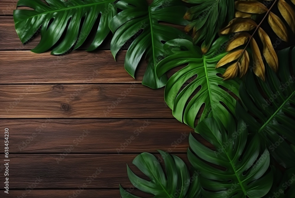 Top view of tropical leaves on wooden table for background. generative ai Top view of tropical leaves on wooden table for background. generative ai