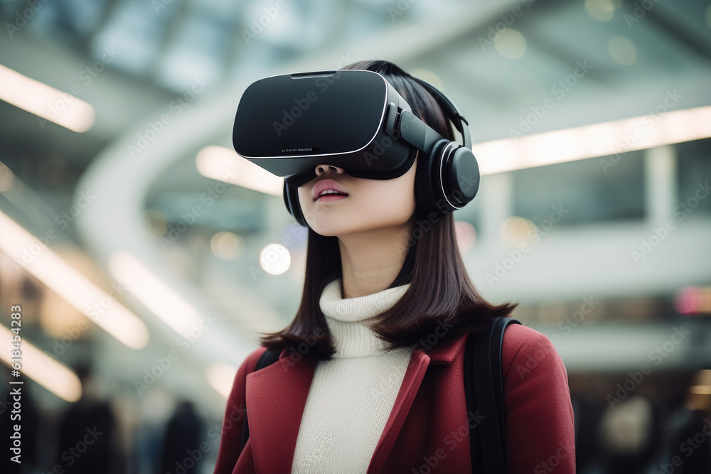 Asian girl in VR headset, confidently immersed in virtual reality. Stylish and sophisticated. Generative AI. Asian girl in VR headset, confidently immersed in virtual reality. Stylish and sophisticated. Generative AI.