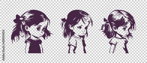 Vector set of graphic cartoon portraits. Lovely sad girls. Crying baby. Isolated background.
