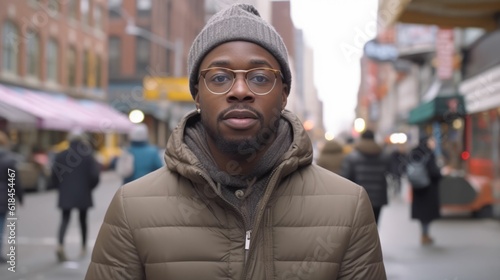 Portrait of a black man standing on the sidewalk in a crowded city street.