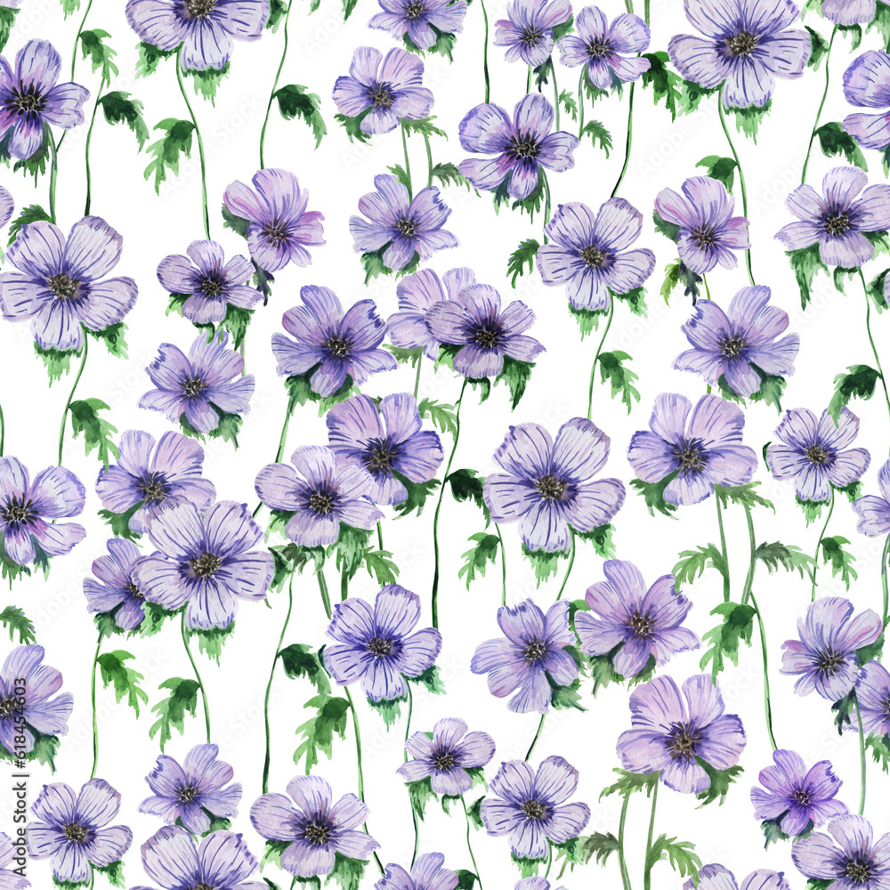 Seamless pattern with spring flowers. Blue anemones, violets, hellebore are painted in watercolor. Botanical elements of petals, leaves, twigs. Design for packaging, paper, wallpaper, postcard.