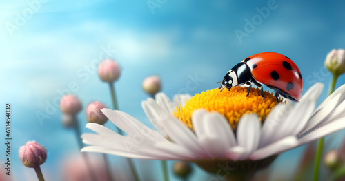 Beautiful ladybug on daisy flower on blue sky background