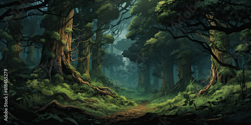 Beautiful forest background banner backdrop fantasy pathway trees, generated ai © dan