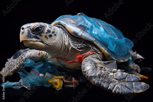 Sea Turtle covered in plastic pollution waste trapped, generated ai