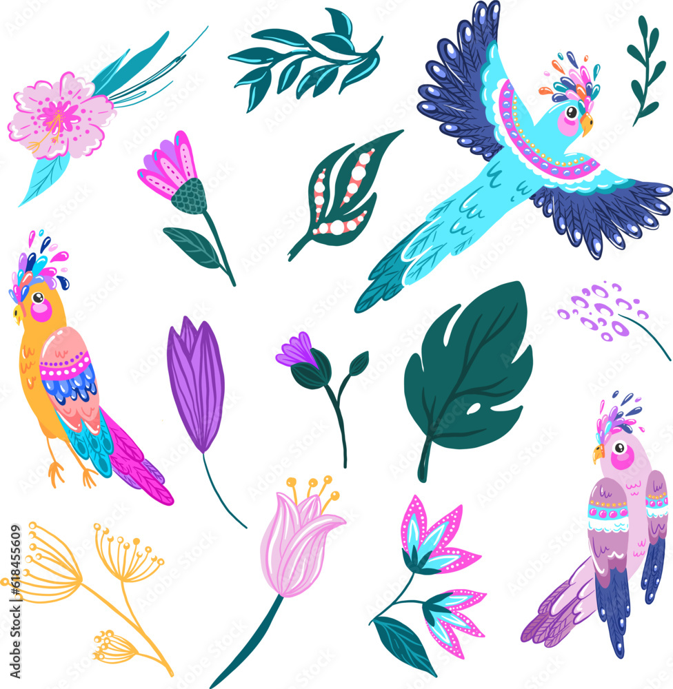 Set with parrot and tropical flowers and plants. Print for t-shirt, clothing, cards, message and more design. Set with parrot and tropical flowers and plants. Print for t-shirt, clothing, cards, message and more design.