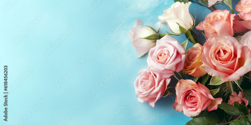 Bouquet of pink and red roses on blue background with copy space Bouquet of pink and red roses on blue background with copy space