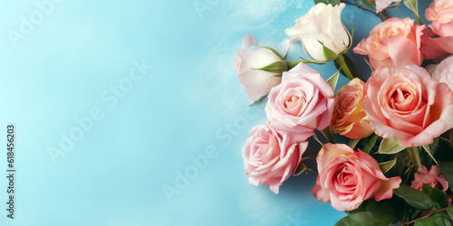 Bouquet of pink and red roses on blue background with copy space
