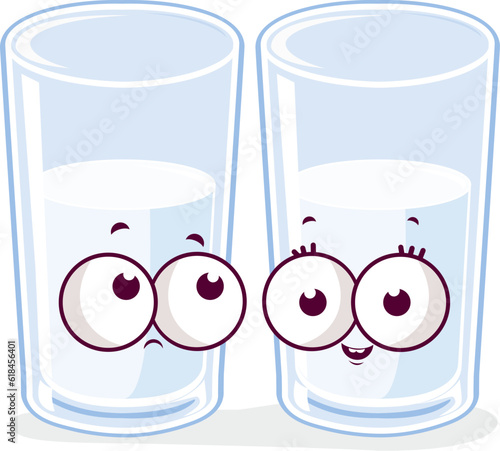 Half full and half empty cartoon glasses of water characters. Vector Illustration