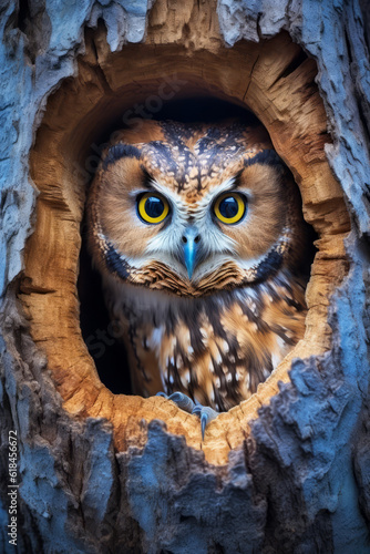 Owl looking out of the hole of a tree © Guido Amrein