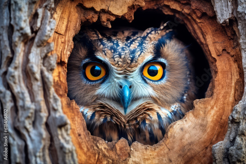Owl looking out of the hole of a tree