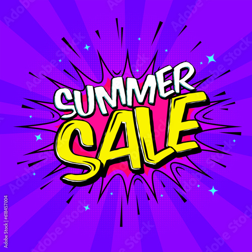 Trendy Promotion poster summer sale. Colorful background in pop art retro comic style. Summer Sale Template Design magenta purple yellow colors, Sale Banner for Social Media Post.