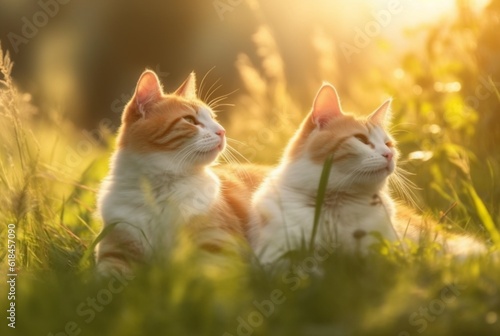 Two cute cats on green grass with blurred background of early morning sun