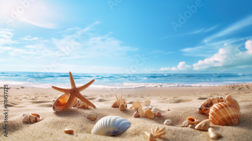 Summer photo with the fine sand with some shells and starfish close up at the beach. Summer time concept. Generative AI