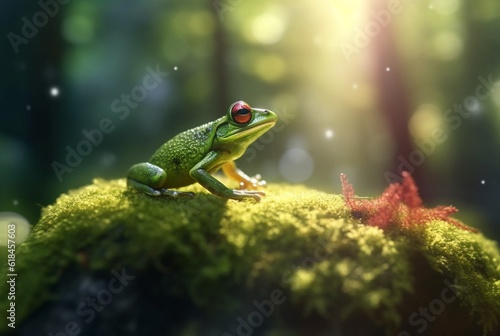 Green frog on a mossy rock with blurred background. generative ai