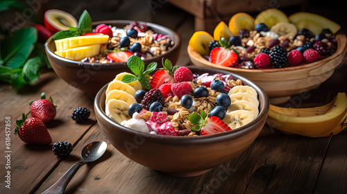 
Acai Bowl, Fresh fruits and granola, Soft natural light, rustic wooden table with a neutral background and simple utensils, Bright, vibrant colours of the fruits and granola. Generative AI
 photo