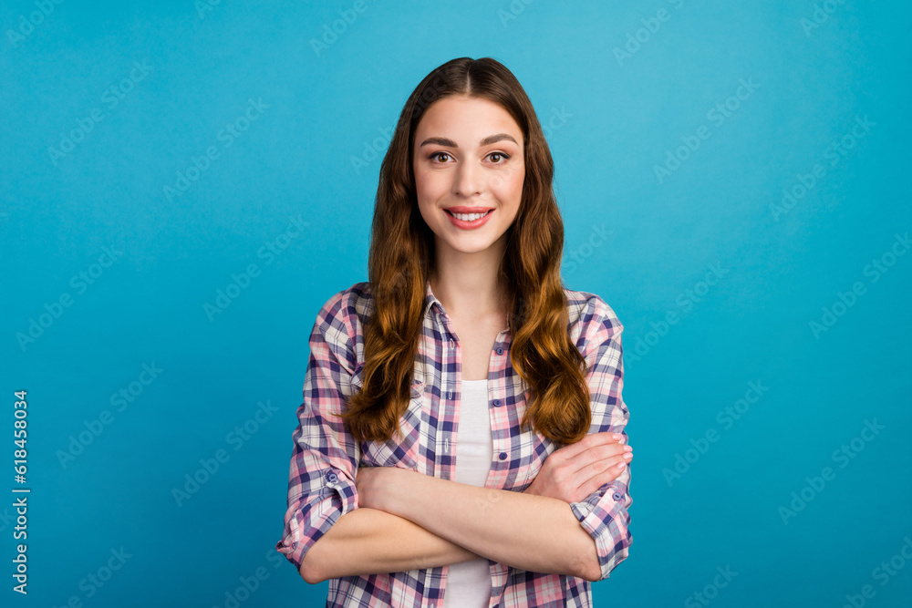 Fototapeta premium Photo of cool business lady friendly beaming smiling arms crossed good mood isolated blue color background