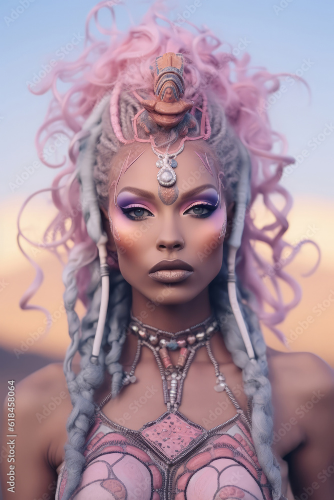 This stunning portrait of a beautiful african tribal warrior woman with an amazing fashion sense, her vibrant pink hair adorned with a delicate sea shell, radiates confidence and courage