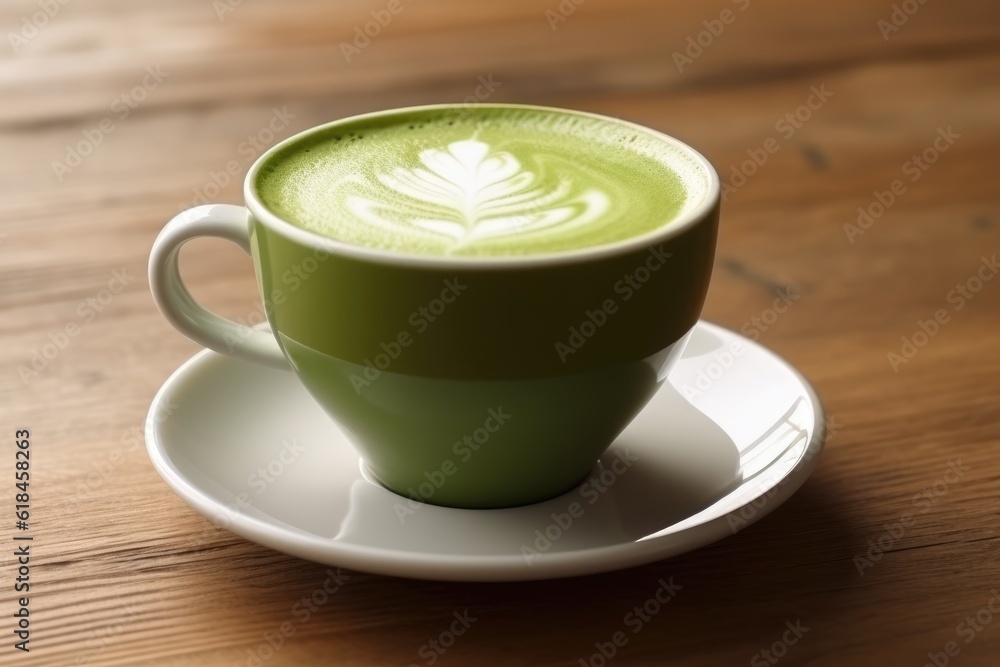 Green matcha tea drink on wooden background, AI Generated Green matcha tea drink on wooden background, AI Generated