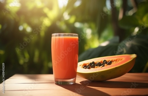 Glass of papaya juice with papaya fruit slices on wooden table with garden blurred background. generative ai