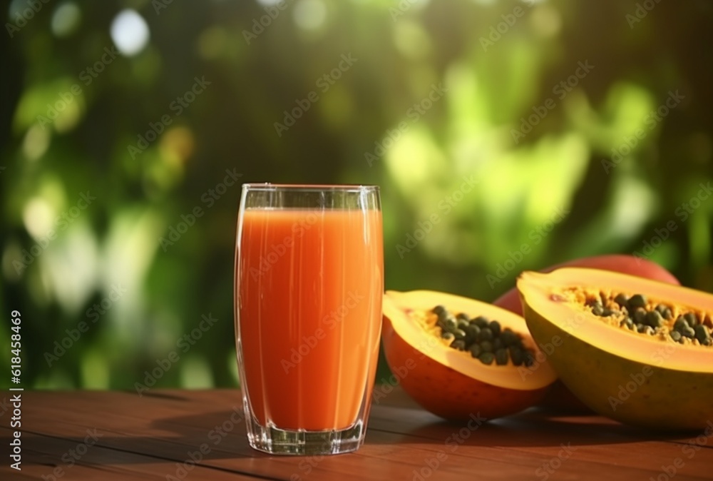 Glass of papaya juice with papaya fruit slices on wooden table with garden blurred background. generative ai Glass of papaya juice with papaya fruit slices on wooden table with garden blurred background. generative ai