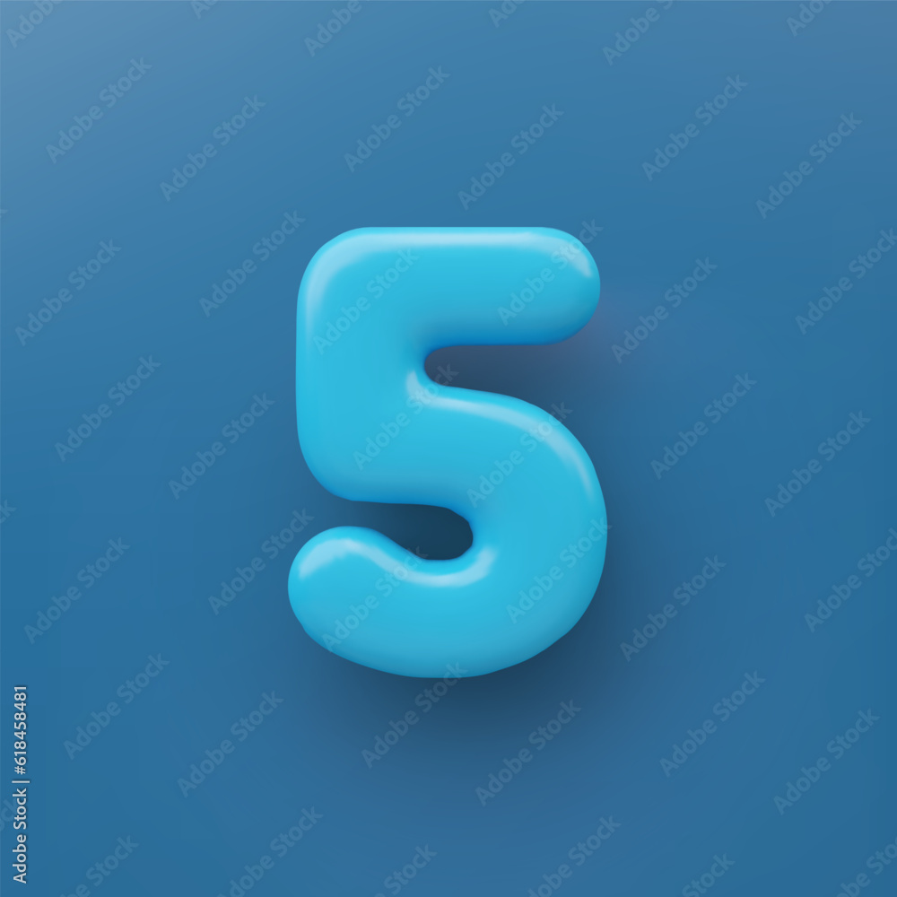 3D Blue number 5 with a glossy surface on a blue background .