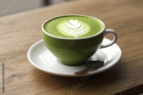Green matcha tea drink on wooden background, AI Generated