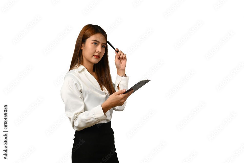 Confused and thoughtful female employee thinking and looking up expressing doubt and wonder isolated white background Confused and thoughtful female employee thinking and looking up expressing doubt and wonder isolated white background