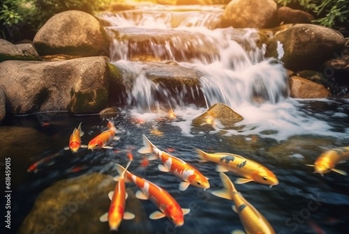 small waterfall stream with beautiful koi fish. generative ai