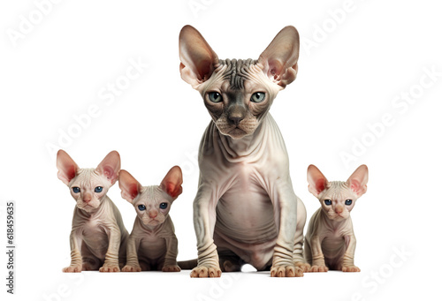 Large cat family of sphinxes on the background. Mother - cat and kittens isolated.