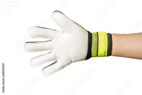 Gloves of the goalkeeper. Goalkeeper gloves highlighted on a white background. The concept of sports equipment and equipment for playing football