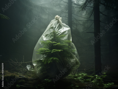 Sapin piégé par la pollution d'un sac en plastique au milieu d'une forêt ancienne photo