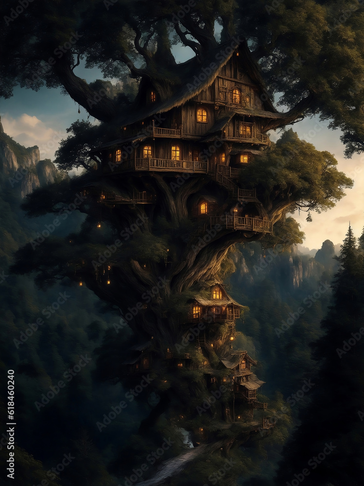Obraz premium Fairytale treehouse village covered, Generative AI Illustration.
