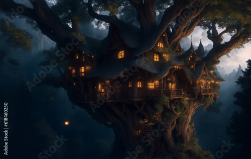 Fairytale treehouse village covered, Generative AI Illustration.