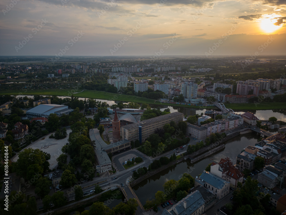 Opole. Aerial shots at sunset The market square, the opera house by the river, the most popular places in Opole.