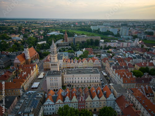 Opole. Aerial shots at sunset The market square, the opera house by the river, the most popular places in Opole.