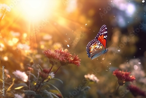 Beautiful butterfly flying over a flower on a blurred background and sunlight. generative ai